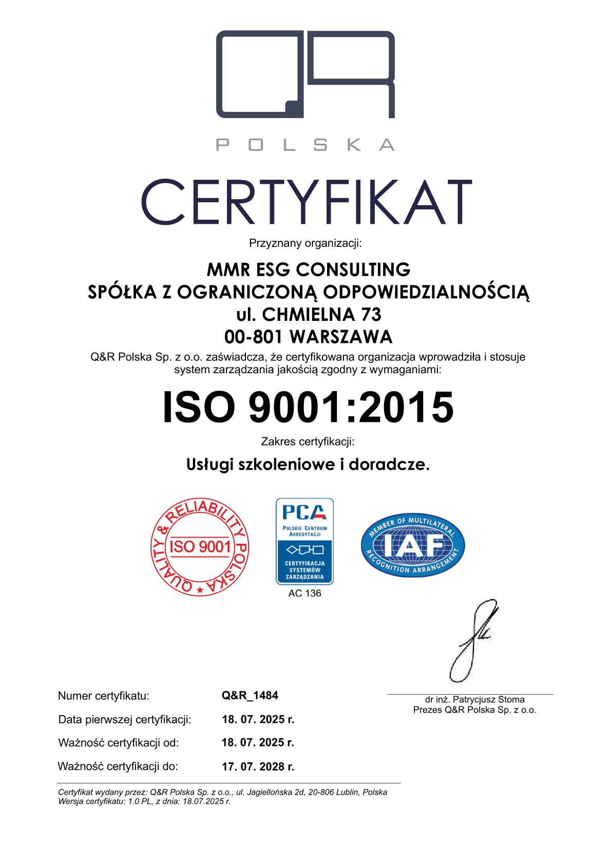 Q&R_1484 MMR ESG CONSULTING SPÓŁKA Z OGRANICZONĄ ODPOWIEDZIALNOŚCIĄ ver 1.0 PL